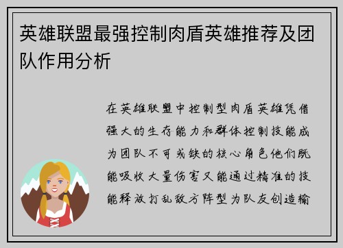 英雄联盟最强控制肉盾英雄推荐及团队作用分析