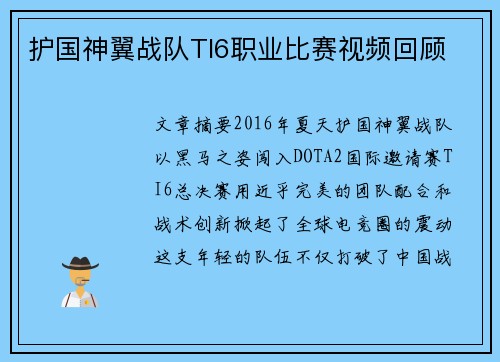 护国神翼战队TI6职业比赛视频回顾